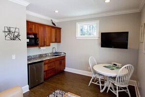 Fridge, microwave, coffee/tea maker, toaster