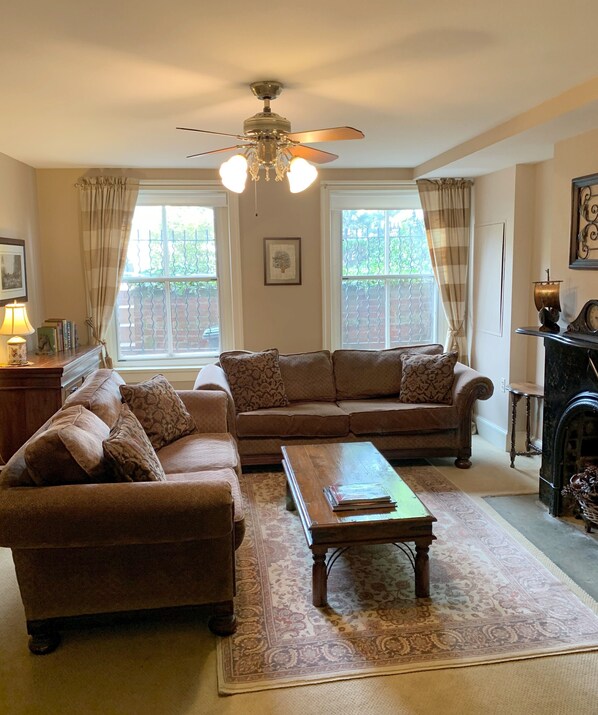 Smart TV, fireplace, books, printers