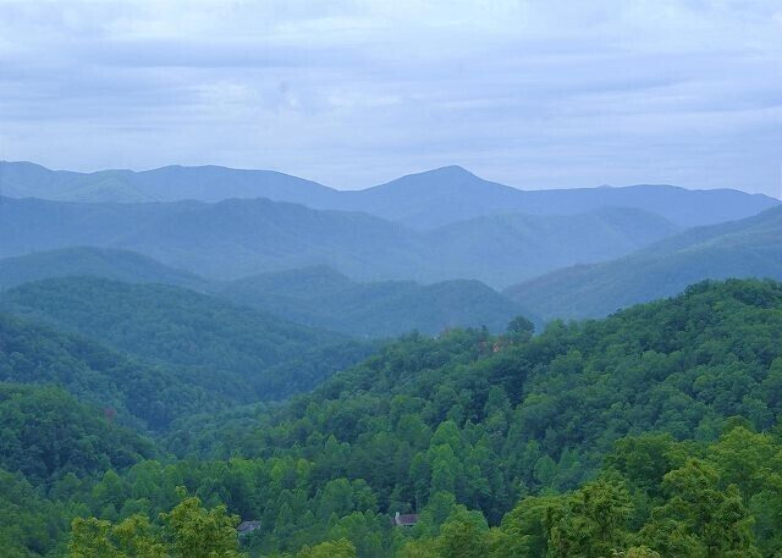Eine gebirgige Landschaft mit dichtem Wald und einem kleinen Haus im Vordergrund.