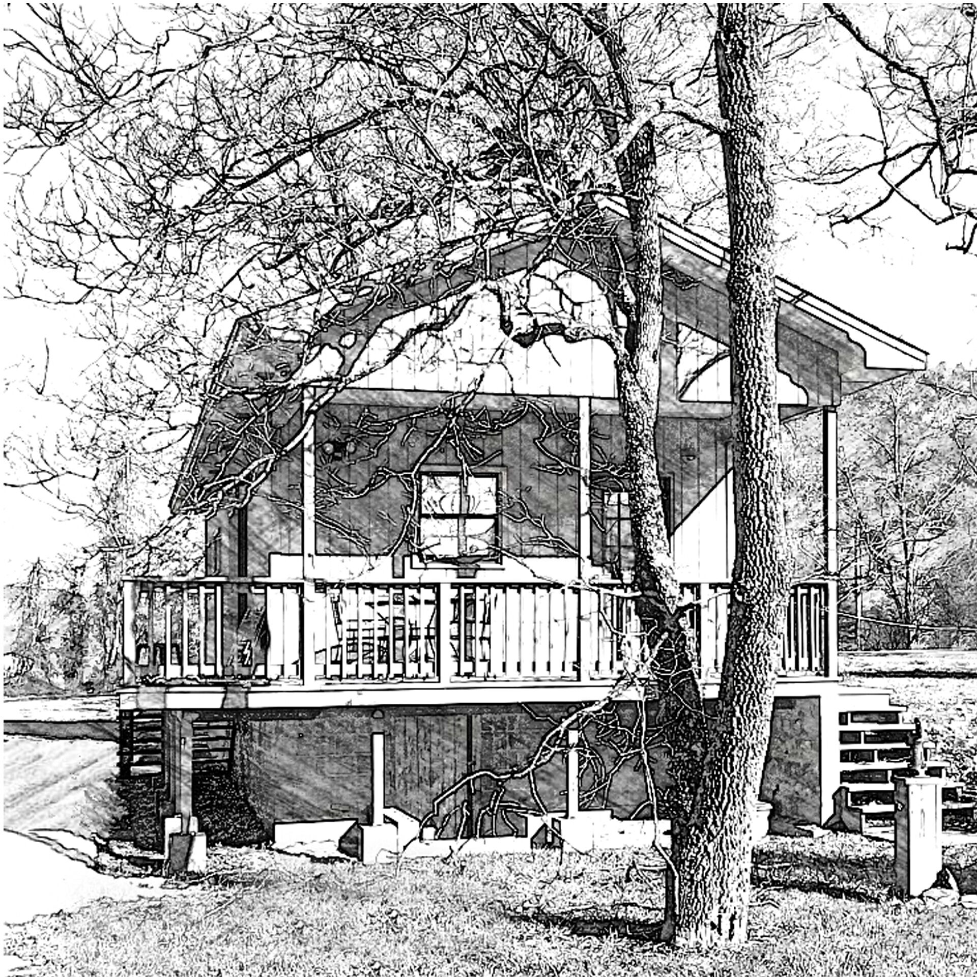Une maison à deux étages avec un porche, de grandes fenêtres et un arbre devant.