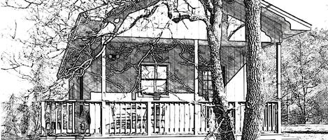 Une maison à deux étages avec un porche, de grandes fenêtres et un arbre devant.