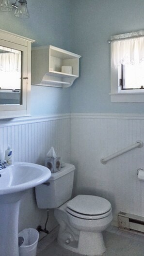 Combined shower/tub, hair dryer, towels, soap