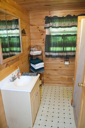 Combined shower/tub, hair dryer, towels, soap
