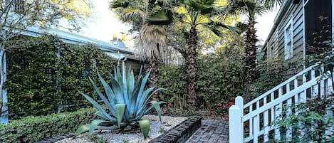 A garden with a white fence, a palm tree, and a building with a green roof.