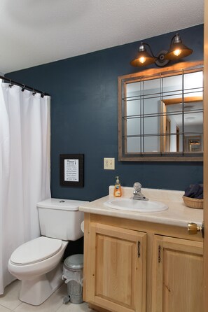 Bathroom features a toilet, sink, and shower curtain.