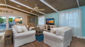 Smart TV, fireplace, books, stereo