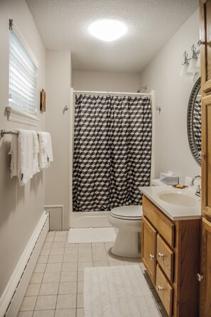 Combined shower/tub, hair dryer, towels, soap