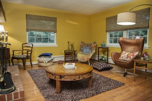 Smart TV, fireplace, books