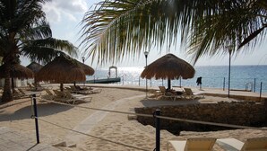 A beachside area with lounge chairs, thatched umbrellas, and a stone wall. - Luxurious Oceanview Condo in Cozumel (Cozumel, Centre)