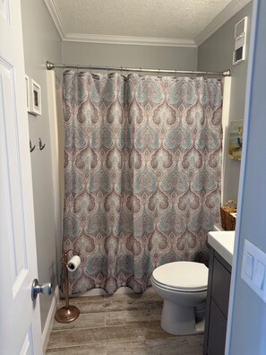 Combined shower/bathtub, hair dryer, towels, soap