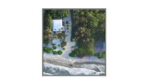 An aerial view of a coastal property with a swimming pool, surrounded by dense vegetation and a beach.