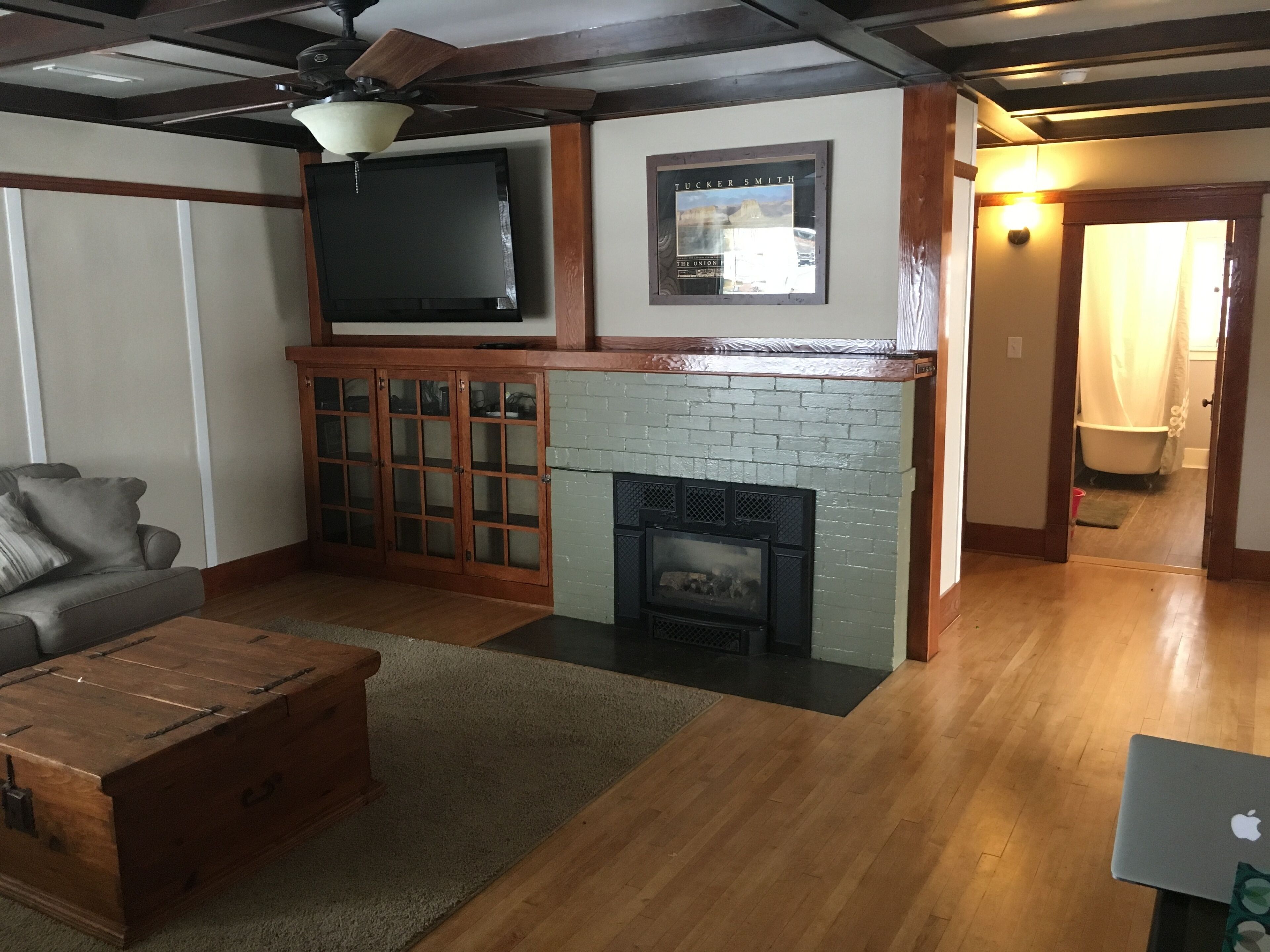 Smart TV, chimenea, reproductor de DVD, libros