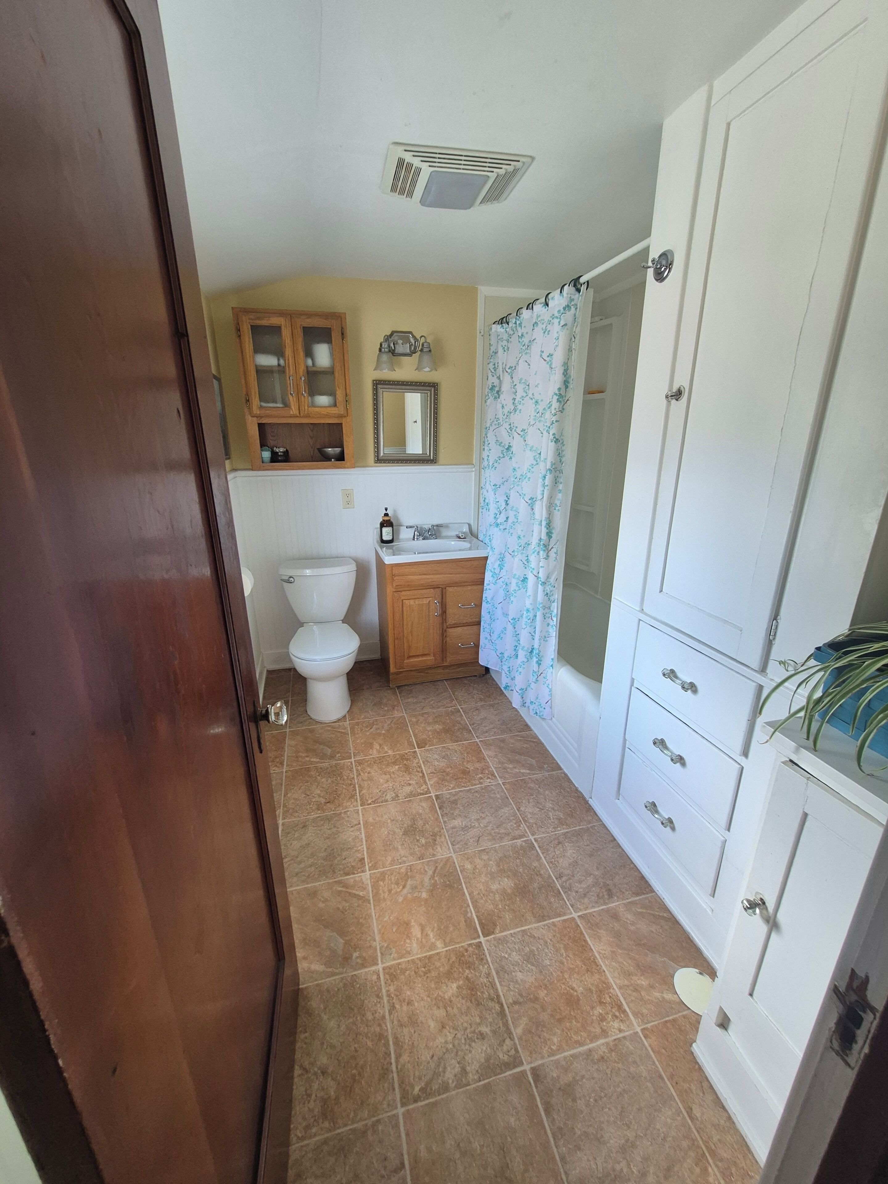 Combined shower/bathtub, hair dryer, towels, soap