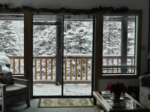A room with a view of a snowy deck and trees. - Ski in - Ski Out Condo right next to the Main Lodge !!! (Beaver (Eagle Point))