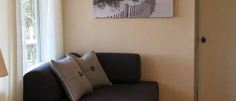 Een donkergrijze bank met twee kussens tegen een muur, een raam met dunne gordijnen en een schilderij van een strand.