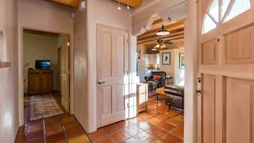 Smart TV, fireplace, books