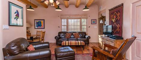 Smart TV, fireplace, books