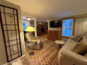 Uma sala de estar com sofá, uma poltrona, luminária, televisão e tapete estampado.