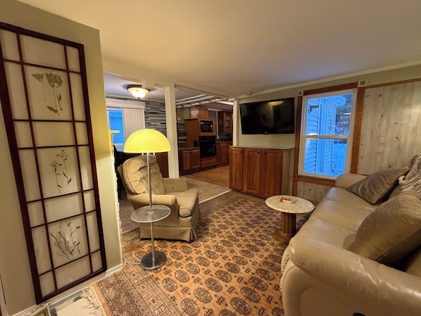 A living room with a sofa, a chair, a lamp, a TV, and a patterned rug. - Cozy cottage 3 miles to Boyne mountain one mile to Boyne City (Boyne City)