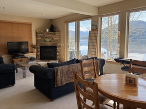 TV, fireplace, DVD player, books