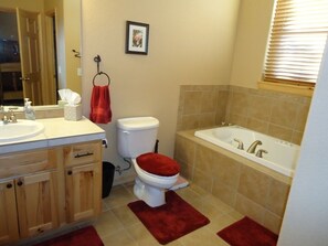 Combined shower/bathtub, jetted bath, hair dryer, towels