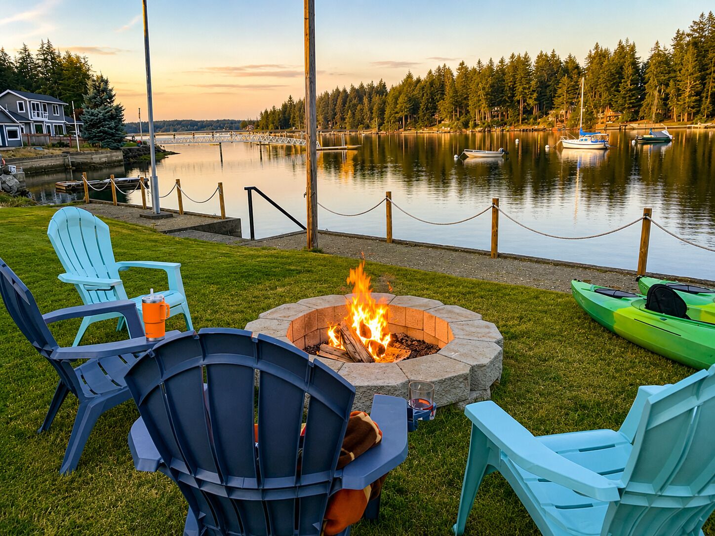 A lakeside outdoor seating area with a fire pit, chairs, and a kayak.