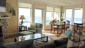 Smart TV, fireplace, DVD player, books