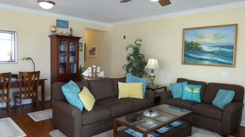 Smart TV, fireplace, DVD player, books