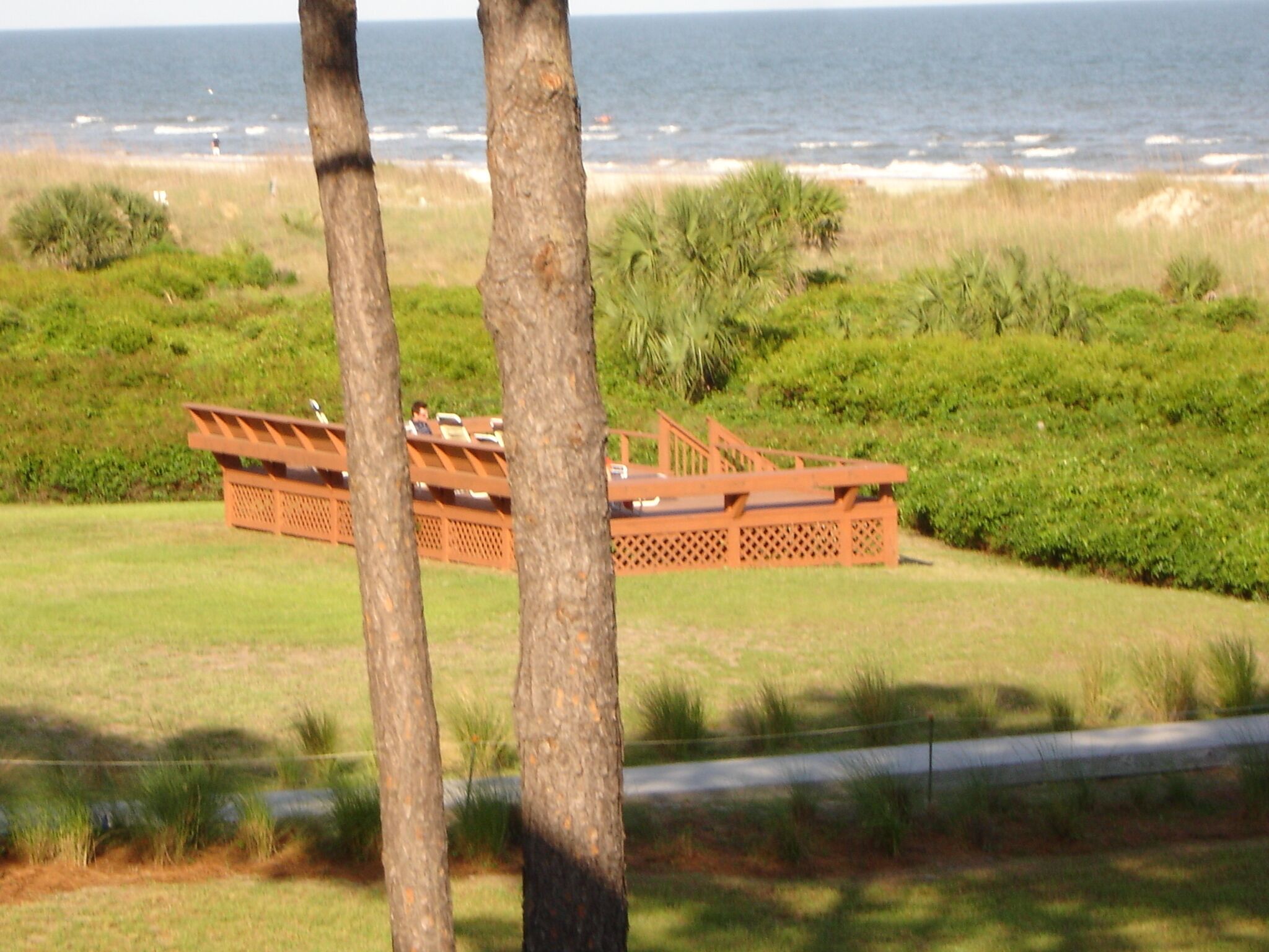 Vista sulla spiaggia con un pontile di legno e sedie che si affacciano sull'oceano.