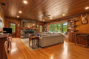 Fernseher, Kamin, Bücher, Arbeitsbereiche