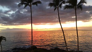 A sunset view over the ocean with palm trees and a pool area.