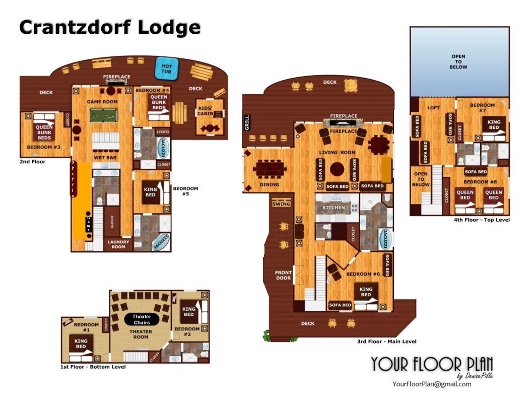 Plano de planta del Lodge Crantzendorf con varias habitaciones, una sala de juegos, un bar y una chimenea.