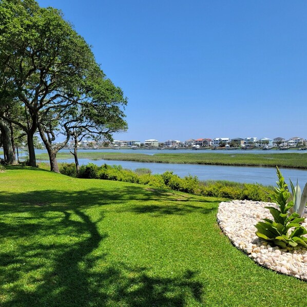 A well-maintained grassy area with a large tree and a small water feature, leading to a view of a coastal town with buildings.