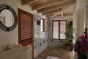Shower, hair dryer, towels, soap - The Carib House, Turtle Bay 5 room villa, pool, views, beach, English Harbour no (St Paul)