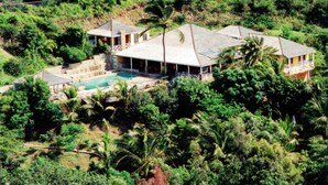 A large house with a swimming pool surrounded by dense tropical vegetation. - The Carib House, Turtle Bay 5 room villa, pool, views, beach, English Harbour no (St Paul)