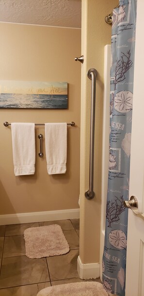 Combined shower/bathtub, hair dryer, towels, soap