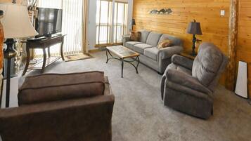 TV, fireplace, DVD player, foosball