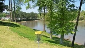 Ruohikkoalue, jonka lähellä on keltainen frisbeegolfin kori ja jokin vesistö.