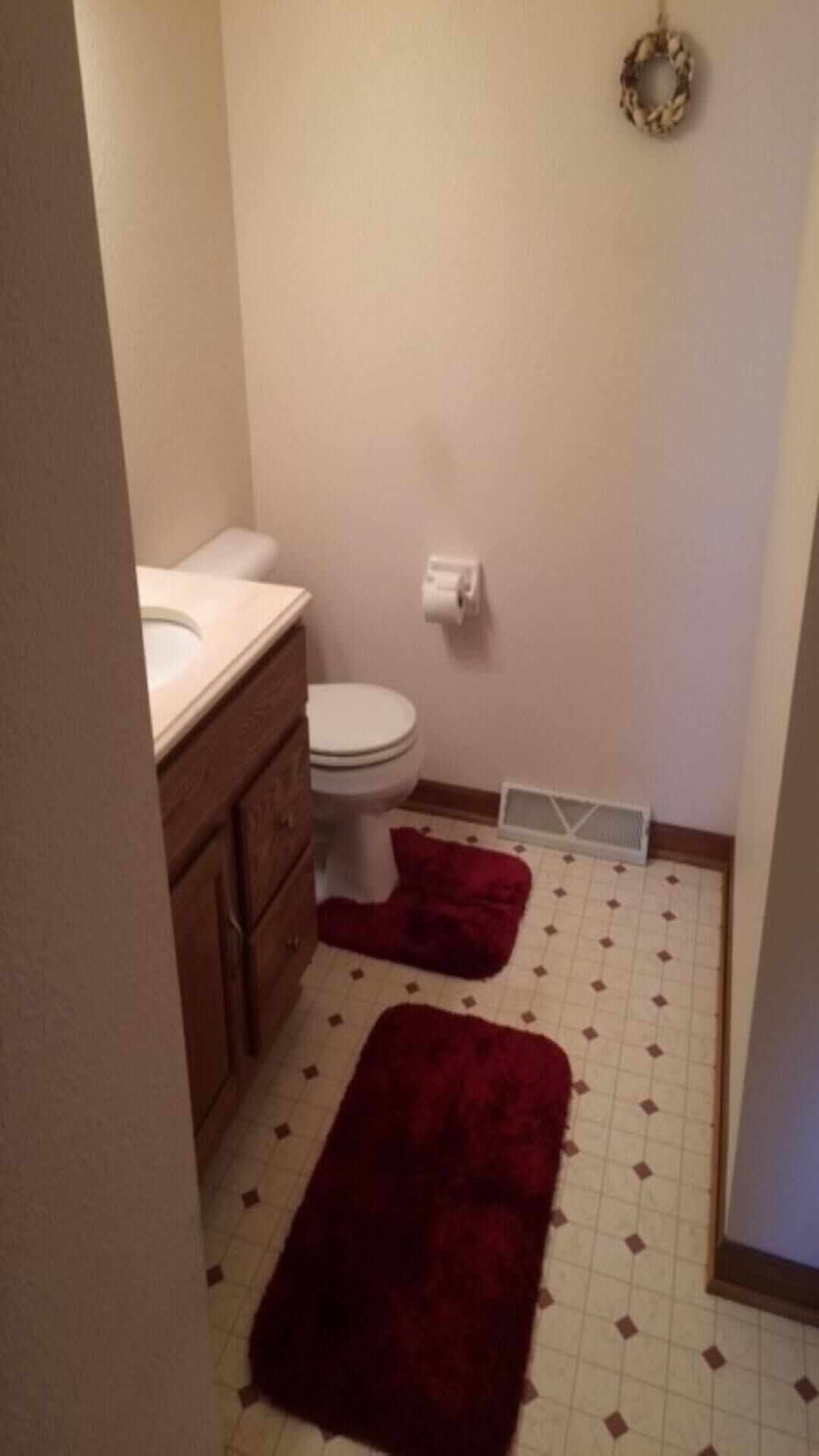 A small bathroom with a toilet, sink, and a red rug on the floor.