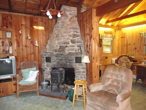 Un interior de cabaña acogedor con chimenea de piedra, paredes de madera, un televisor y una zona de estar confortable.