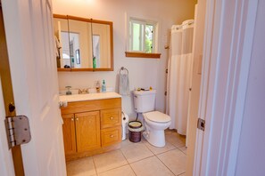Combined shower/tub, hair dryer, towels, soap