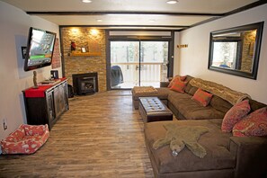 Smart TV, fireplace, books, stereo