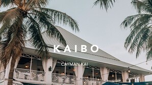 Een restaurant aan het strand met terras, palmbomen en een wit gebouw met balkons.