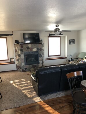 Smart TV, chimenea y libros