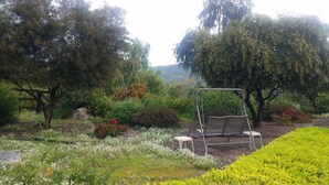 Un jardín con una mecedora, distintas plantas y árboles.