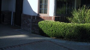 Una casa con techo a dos aguas, entrada de ladrillo y un seto bien cuidado.