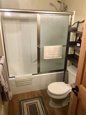 Combined shower/bathtub, hair dryer, towels, soap