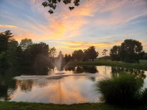 A serene lakeside scene with a fountain, surrounded by trees and a clear sky.