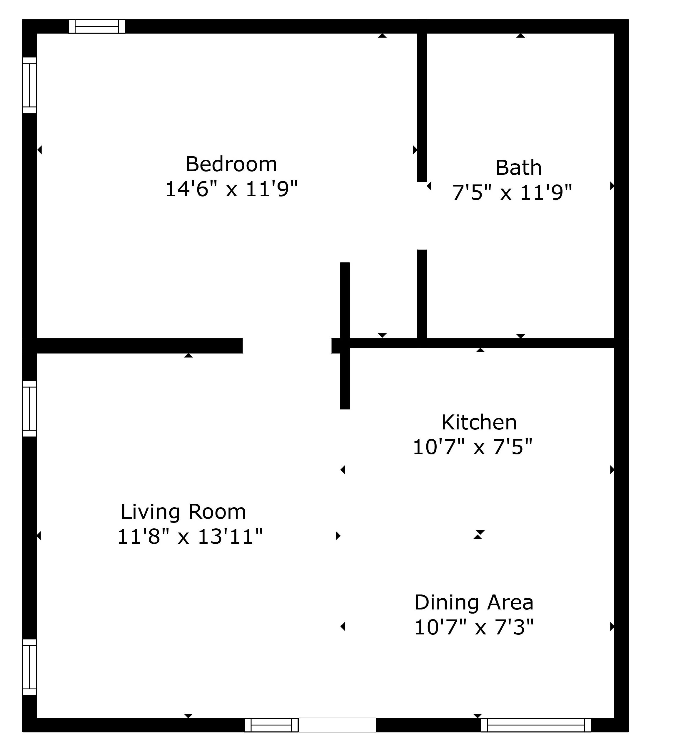 A floor plan with a bedroom (14'6" x 11'9"), a living room (11'8" x 13'11"), a kitchen (10'7" x 7'5"), a dining area (10'7" x 7'3"), and a bathroom (7'5" x 11'9").