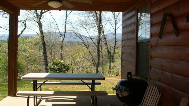 Una mesa de picnic techada con ventilador de techo, una parrilla y vistas a un paisaje boscoso.